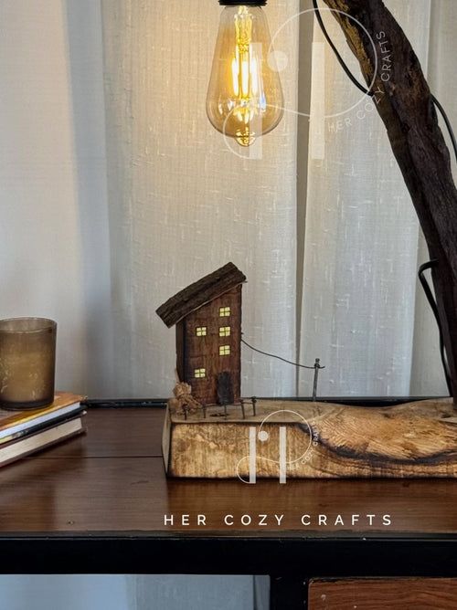 (Pair) Storywood Duo - Curved Driftwood Lamps with Miniature Cottage Scenes & Hanging Edison Bulbs
