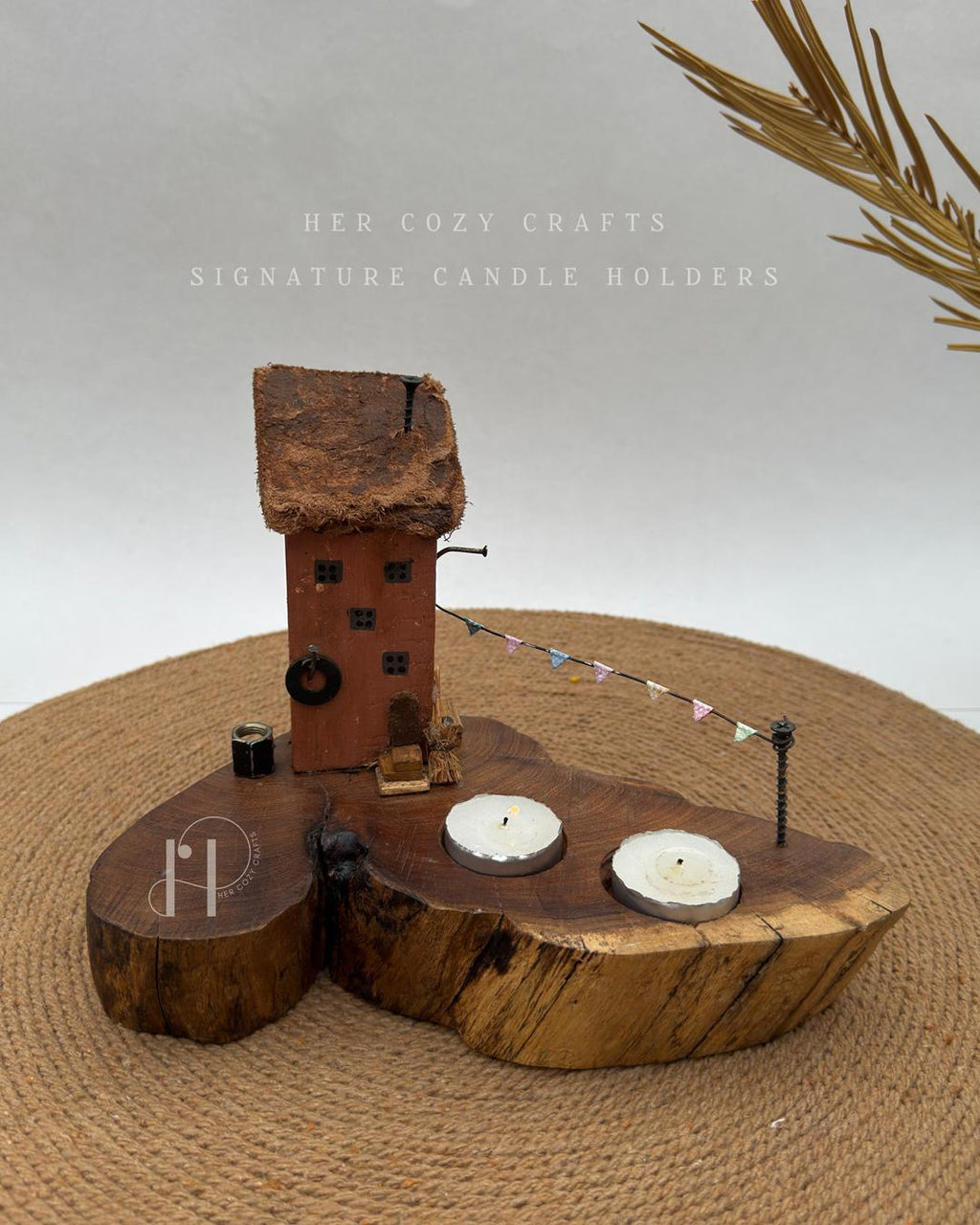 Flagline Light Home | Double Tealight Wooden Candle Holder with Miniature Decor