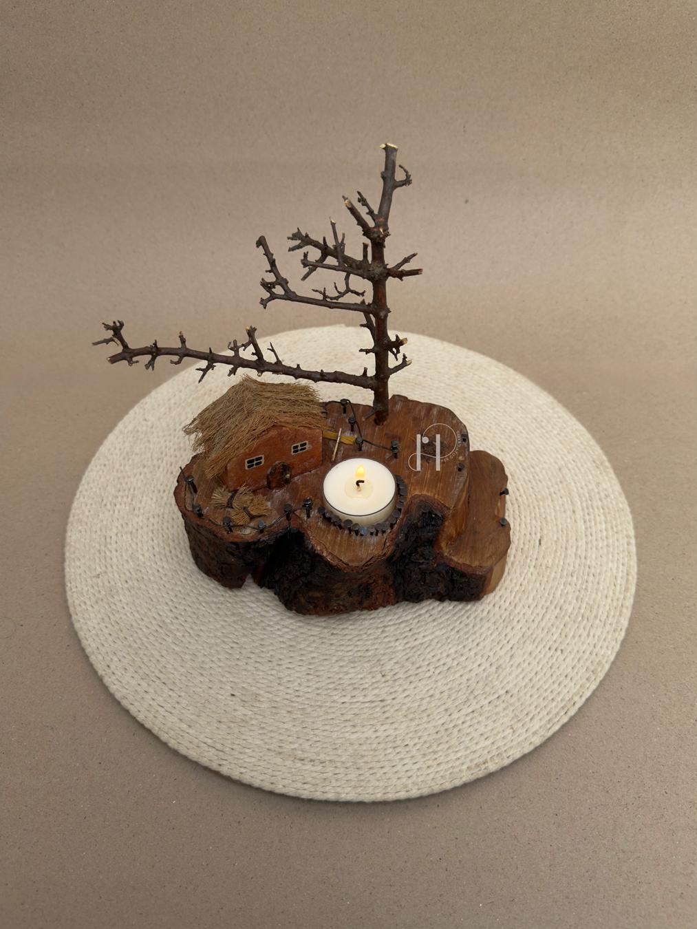 Hut Haven | Handcrafted Wooden Tealight Candle Holder with Miniature Hut Scene