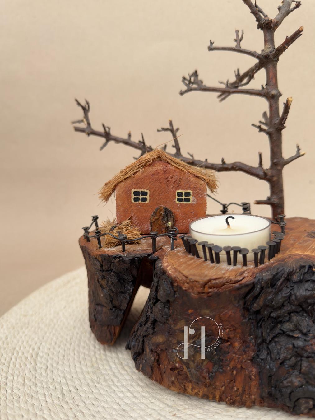 Hut Haven | Handcrafted Wooden Tealight Candle Holder with Miniature Hut Scene