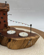 Flagline Light Home | Double Tealight Wooden Candle Holder with Miniature Decor