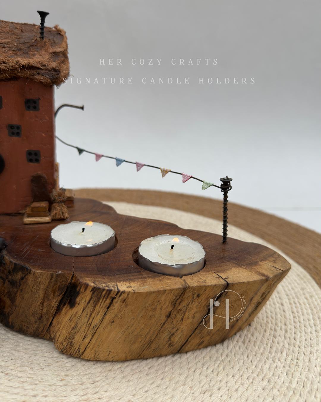 Flagline Light Home | Double Tealight Wooden Candle Holder with Miniature Decor