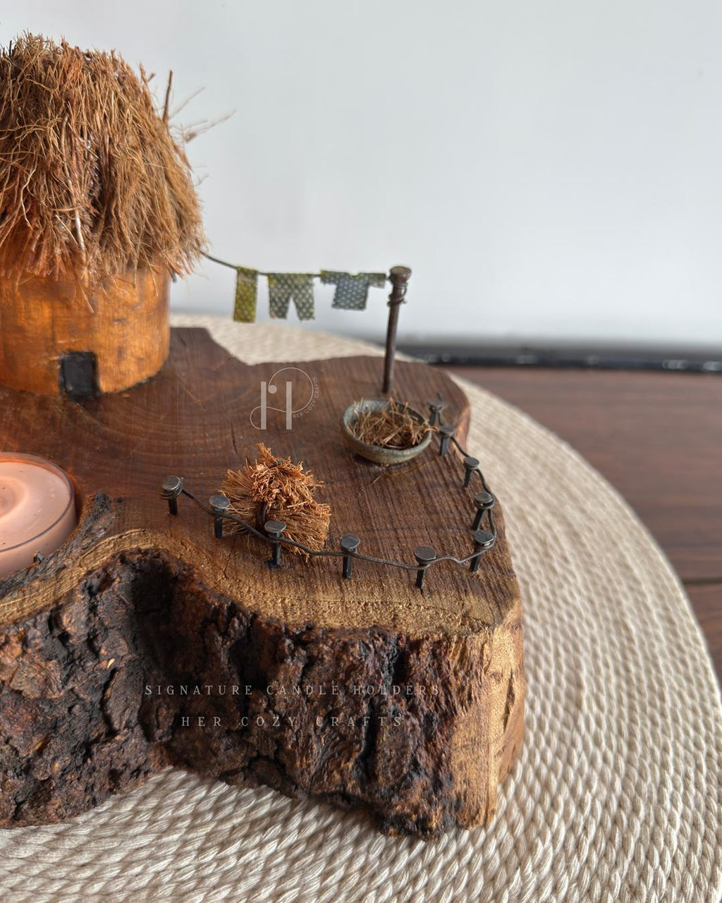 Domed Hut Home | Wooden Tealight Candle Holder with Miniature Hut Art
