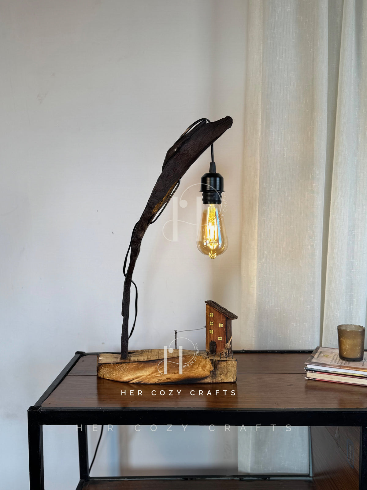 Storywood Lamp - Curved Driftwood Frame with Miniature Cottage Scene & Hanging Edison Bulb

Description: