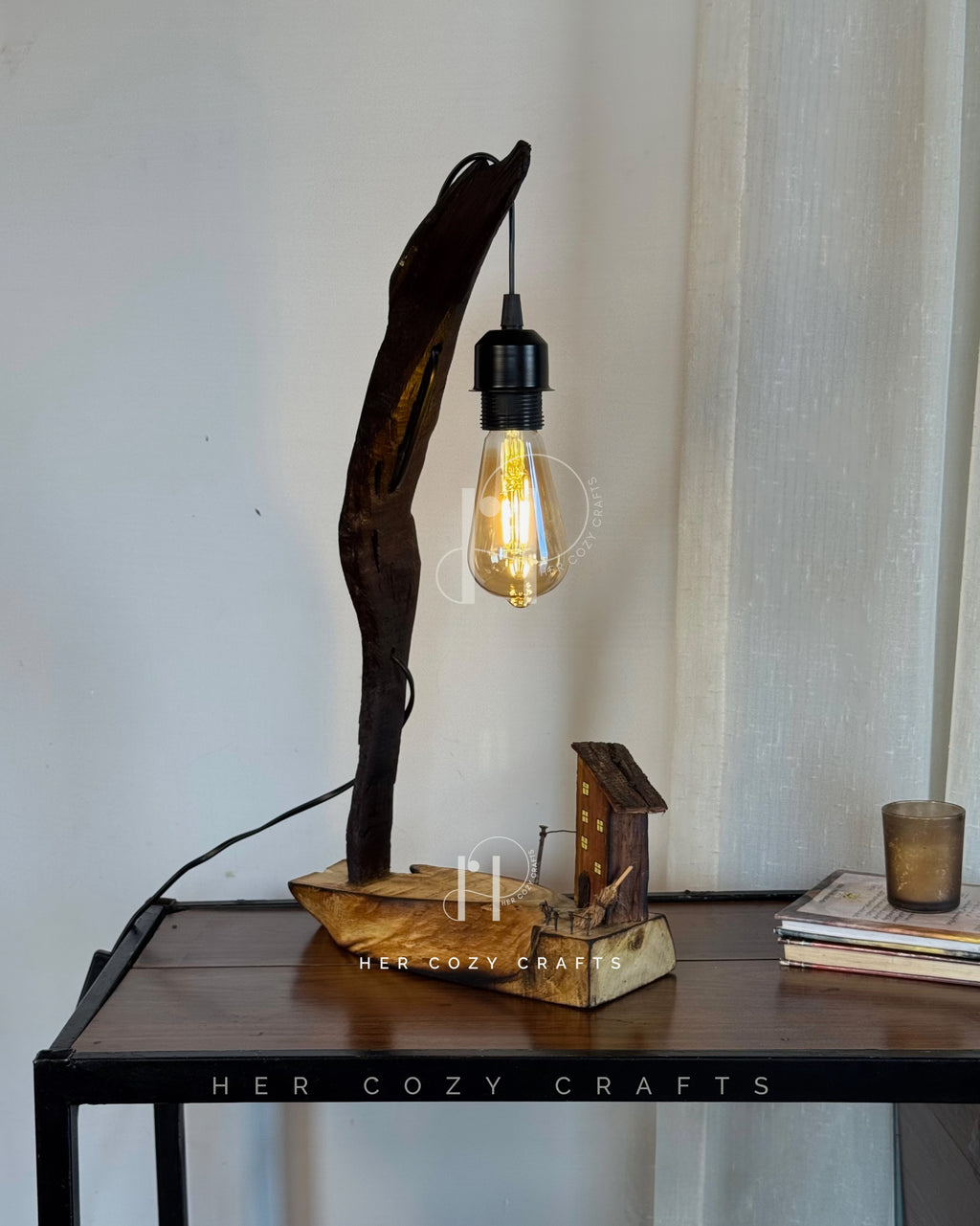 Storywood Lamp - Curved Driftwood Frame with Miniature Cottage Scene & Hanging Edison Bulb

Description: