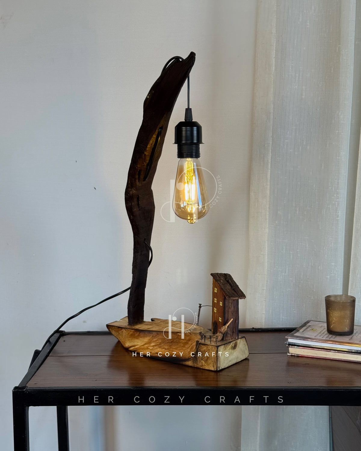 Storywood Lamp - Curved Driftwood Frame with Miniature Cottage Scene & Hanging Edison Bulb

Description: