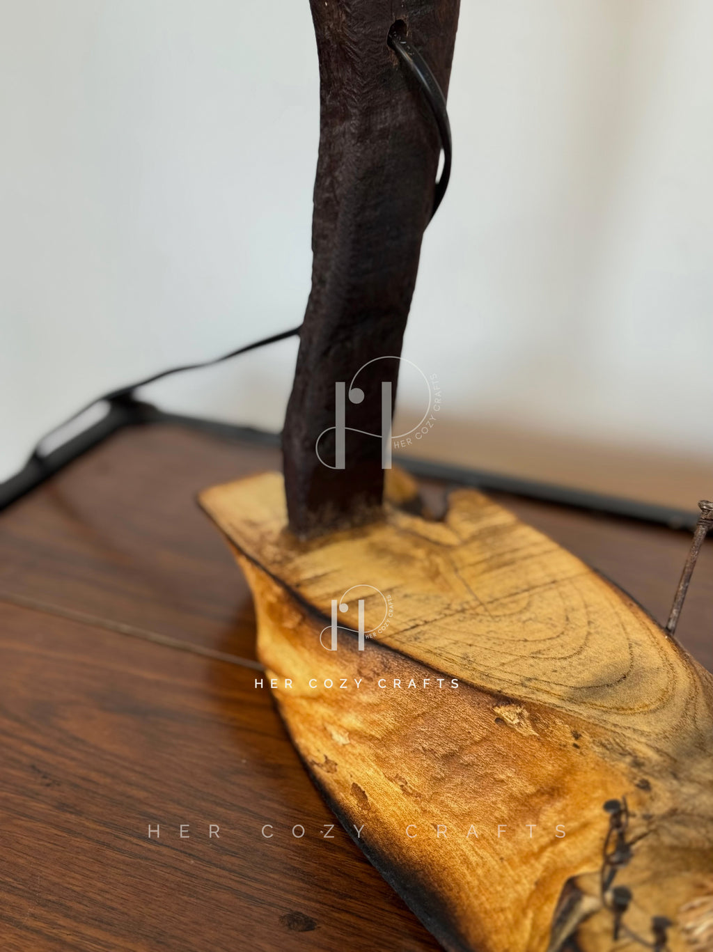 Storywood Lamp - Curved Driftwood Frame with Miniature Cottage Scene & Hanging Edison Bulb

Description: